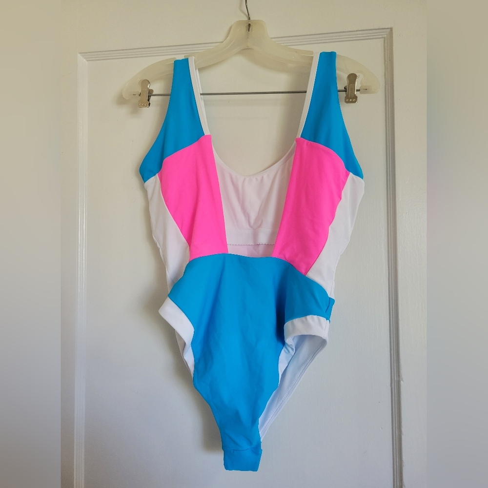 93 Playstreet Neon Color block One piece swimsuit Size Large - Picture 6 of 9